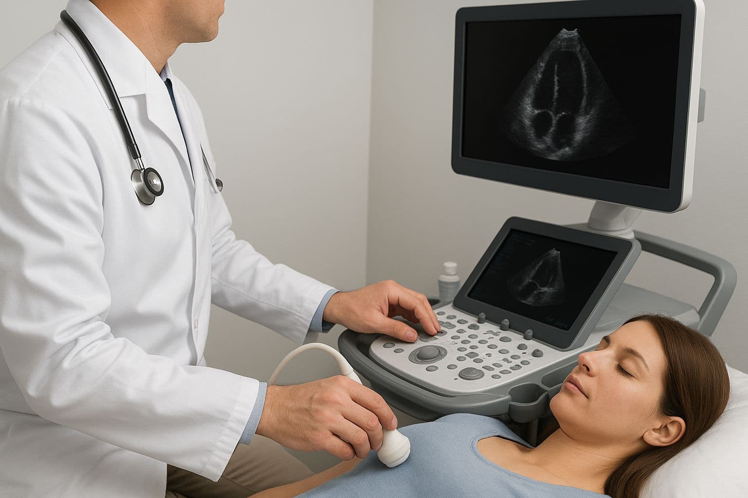 Médico realizando ecocardiograma em paciente, com transdutor posicionado no peito e monitor mostrando imagens do coração